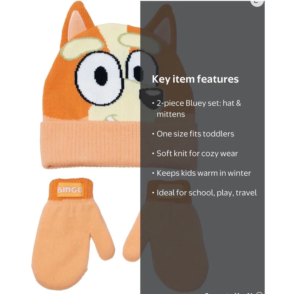 Bluey Bingo Toddler Beanie Hat and Mittens 2-Piece Winter Set Orange Knit NWT